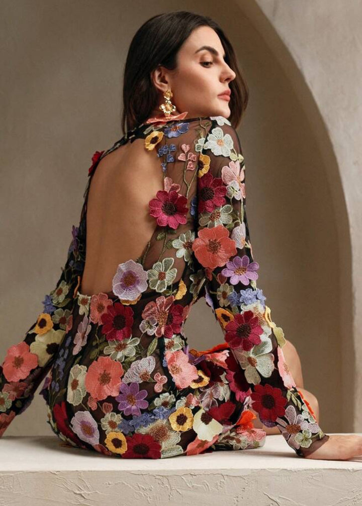 Floral Appliqué Open Back Mini Dress