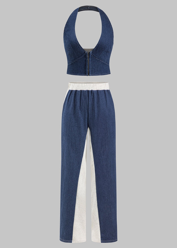 Halter Crop Top & Patchwork Pants Denim Set