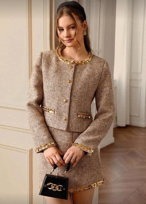 Tweed Sequin Trim Collarless Jacket Skirt Set