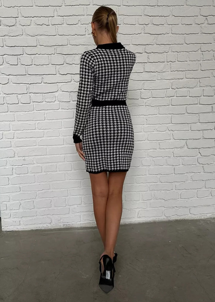 V-Neck Long Sleeve Houndstooth Mini Dress