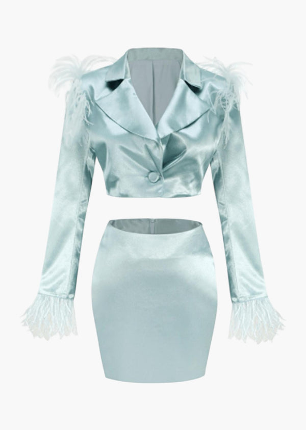 Feather Trim Blazer & Mini Skirt Two-Piece Satin Set