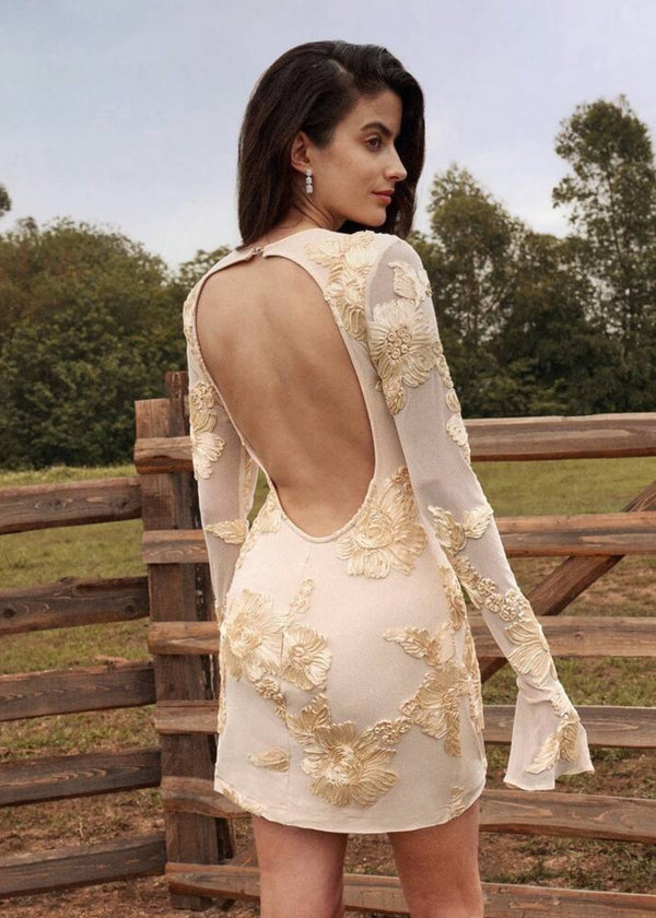 Floral Appliques Open Back Mini Dress