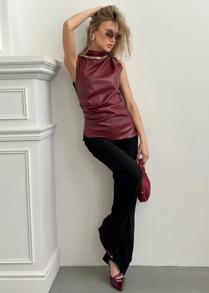 Asymmetrical Hem Eco-Leather Ruched Top