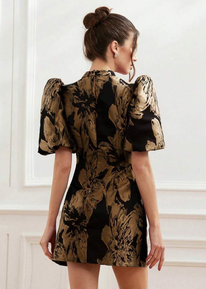 Jacquard Puff Sleeve Mock Neck Dres