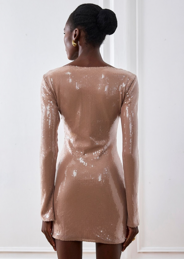 Lace-Up Neckline Long Sleeve Sequin Dress