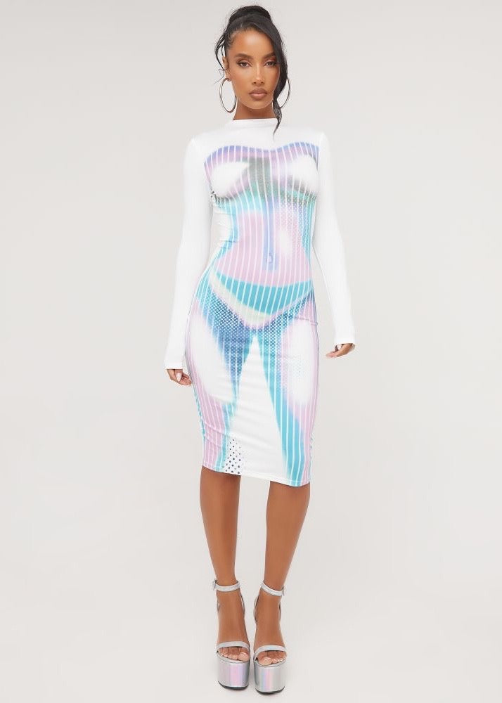 Digital Print Long Sleeved Bodycon Dress