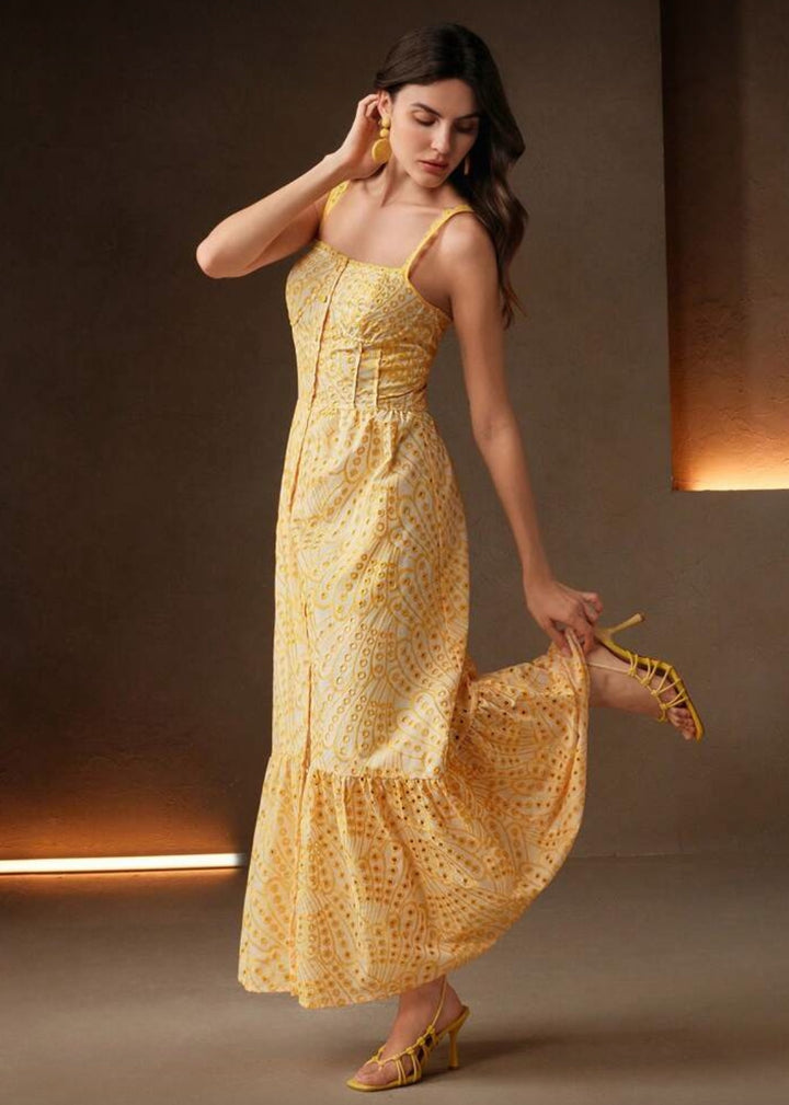 Eyelet Embroidery Button Front Maxi Dress