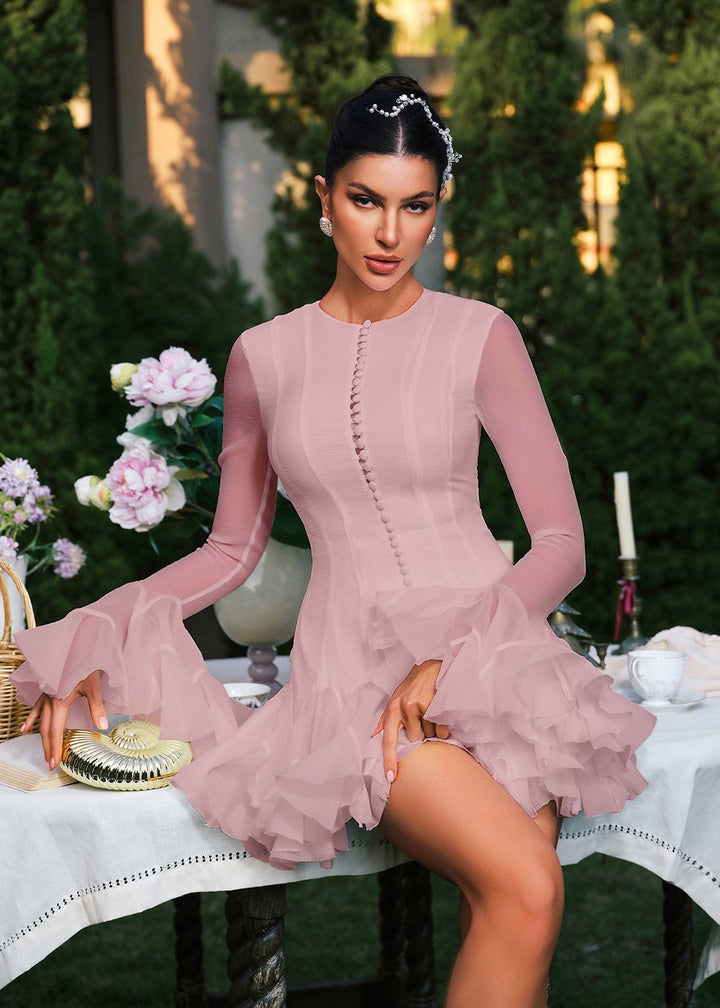Sheer Sleeve Button Detail Ruffle Mini Dress
