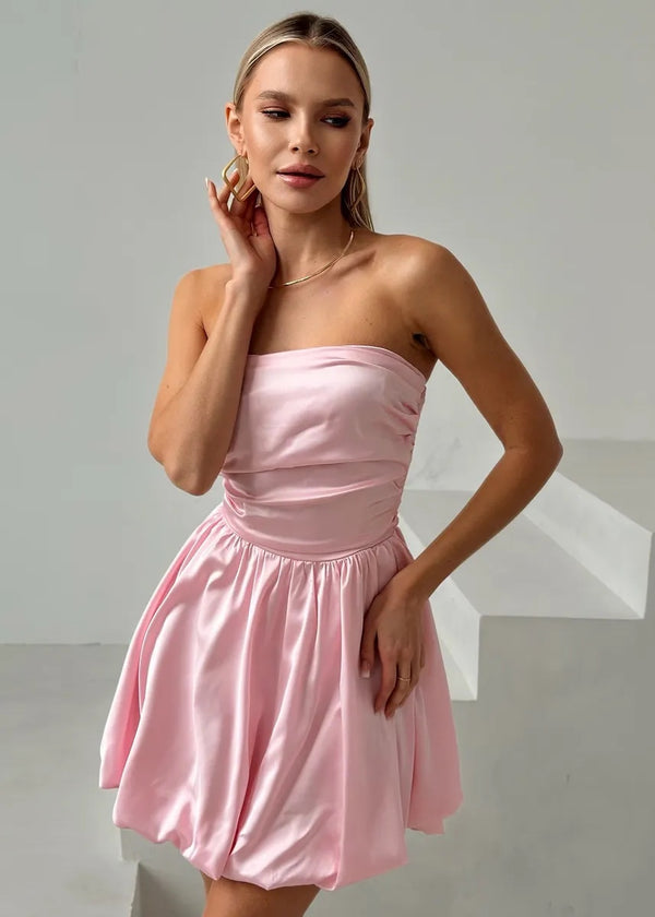 Strapless Pleated Satin Mini Dress