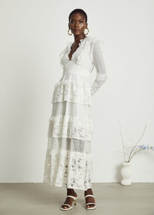 Long Sleeve Ruffle Tiered Lace Maxi Dress