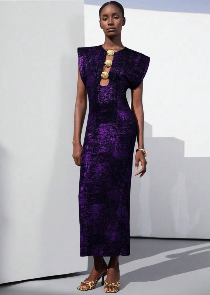 Seashell Button Maxi Shoulder Pad Dress