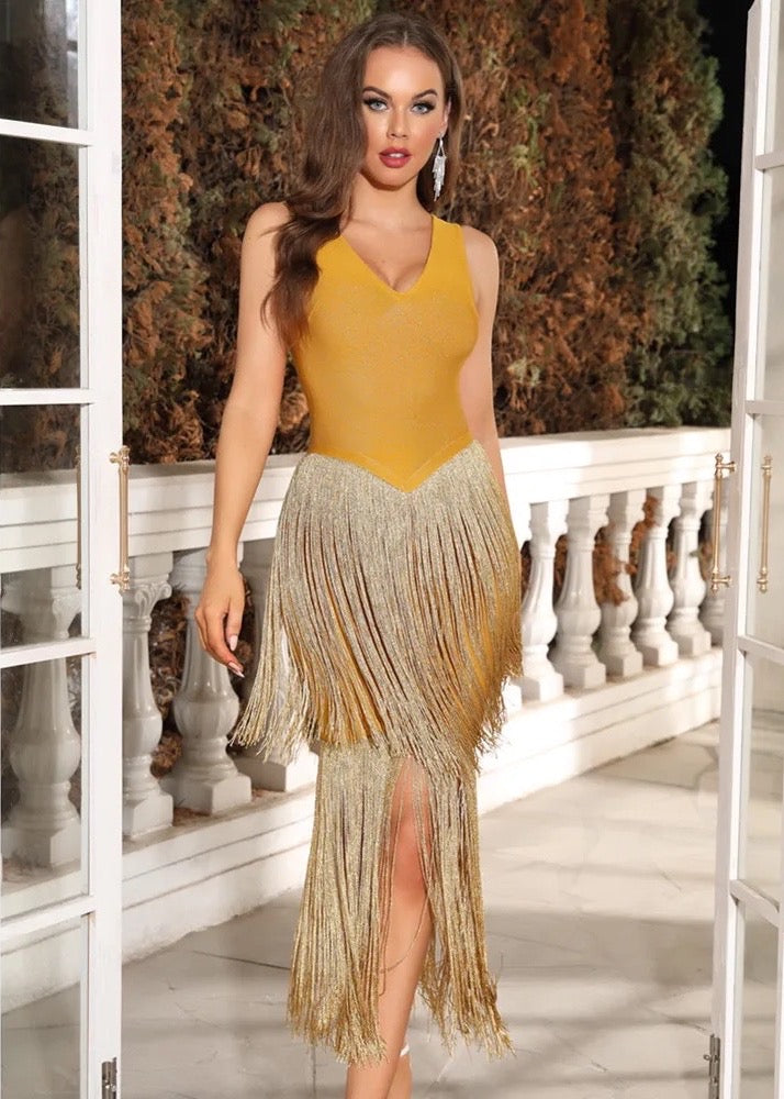 V-Neck Gold Glitter Tassel Bandage Dress