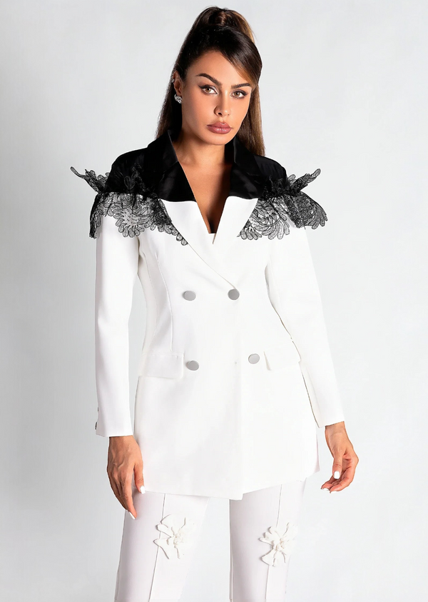 Double-Breasted Lace-Trimmed Padded-Shoulder Blazer
