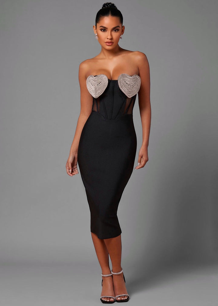 Rhinestone Heart Decor Midi Bandage Dress