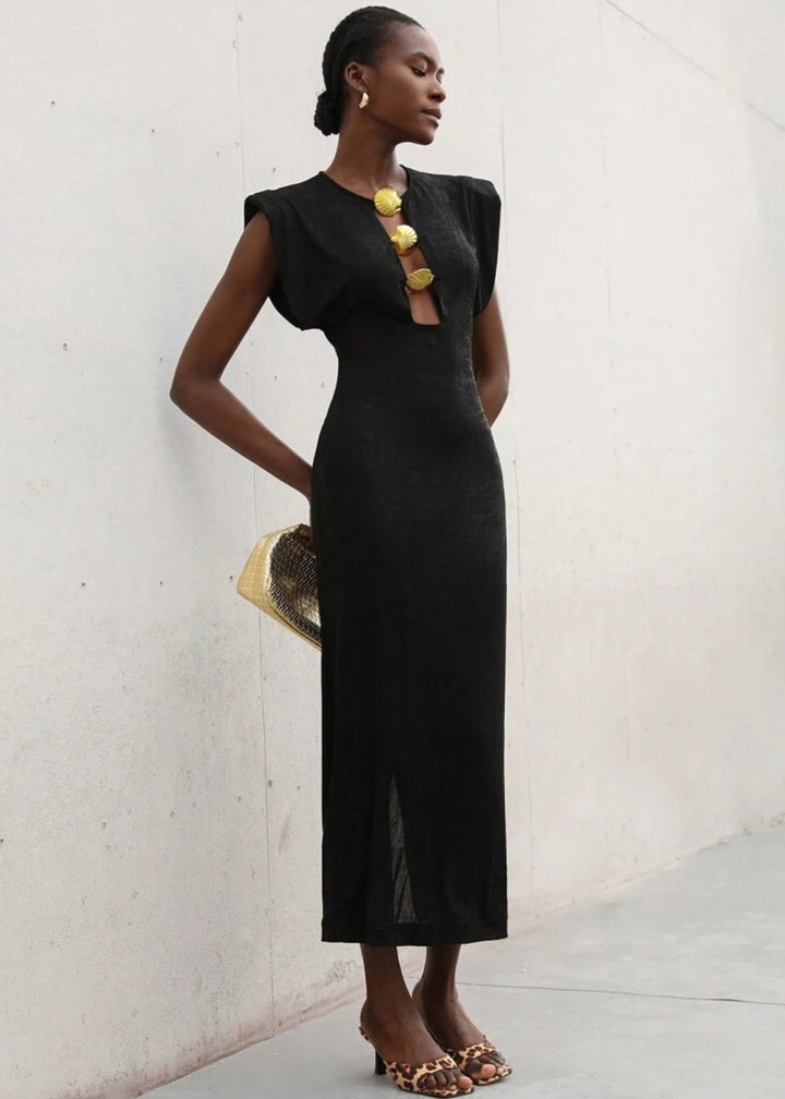 Seashell Button Maxi Shoulder Pad Dress