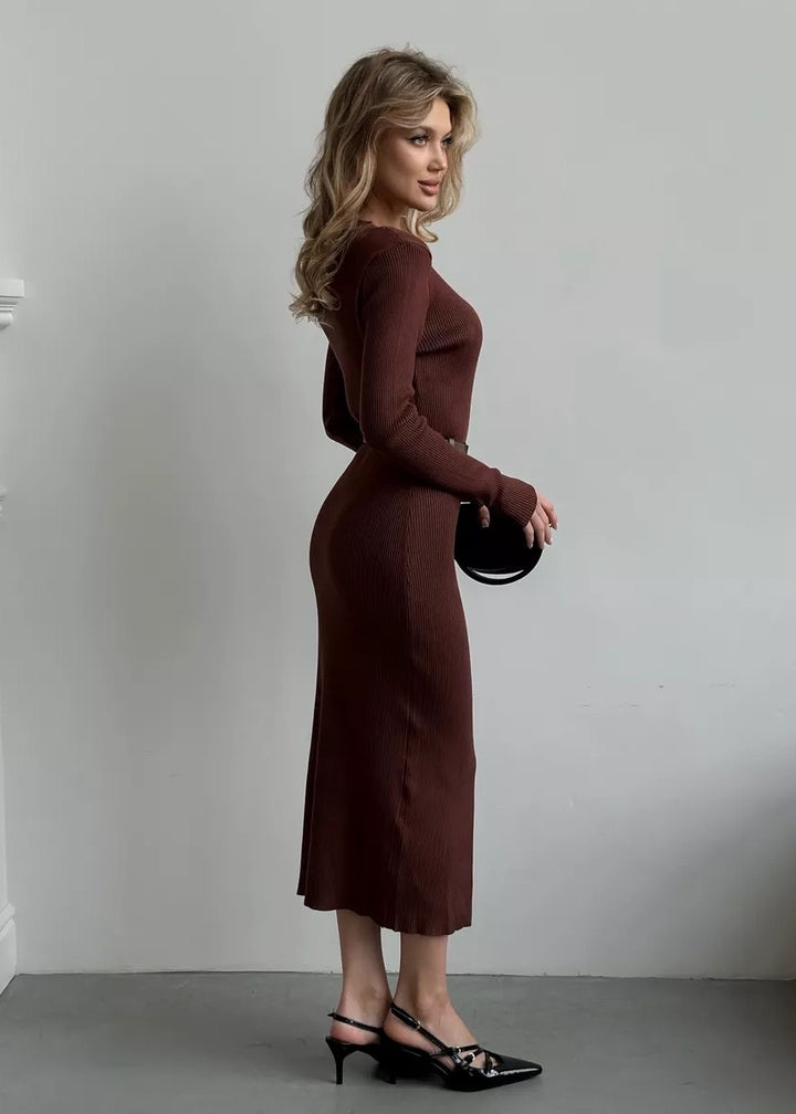 Buttoned Front Belted Knit Midi Dress