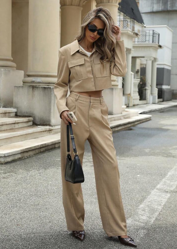Pocket Cropped Jacket Pleat Trouser Set