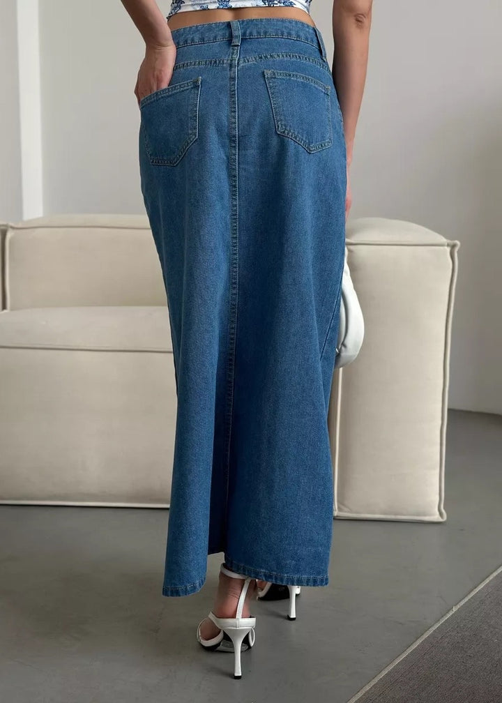 Side Slit Denim Midi Skirt