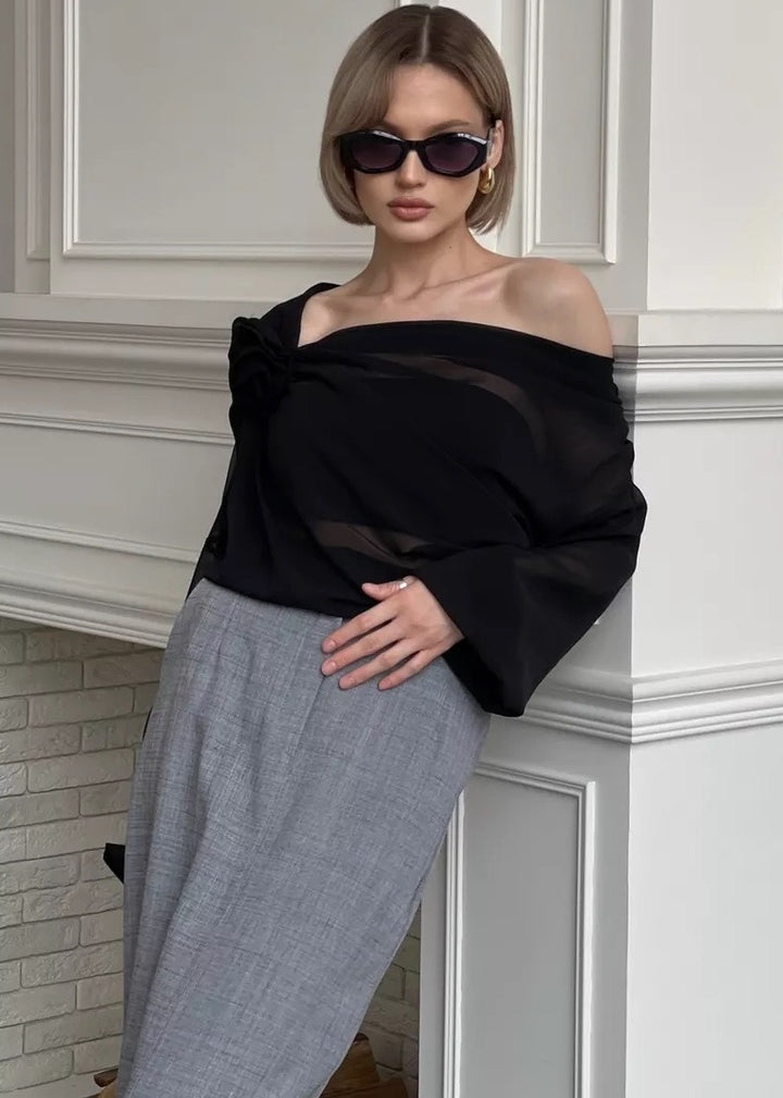 One-Shoulder Long Sleeve Chiffon Blouse