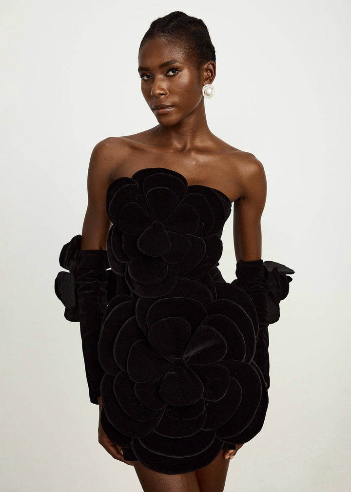 Velvet Floral Bustier Mini Gown with Gloves