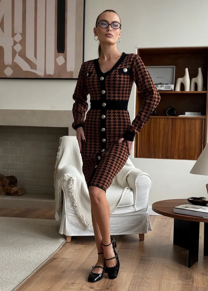 V-Neck Button Decor Houndstooth Midi Dress