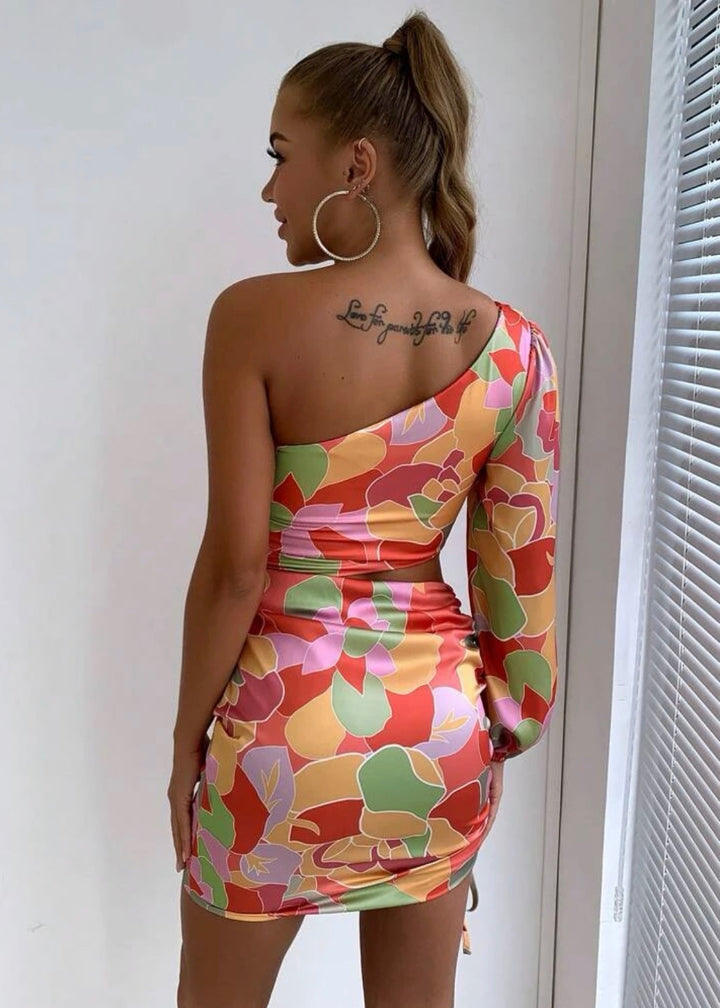 Printed One Shoulder Cut Out Drawstring Side Bodycon Dress