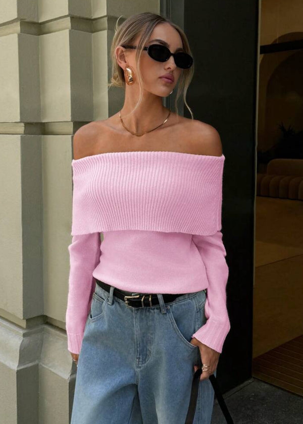 Off-Shoulder Knitted Long Sleeve Top in Pink