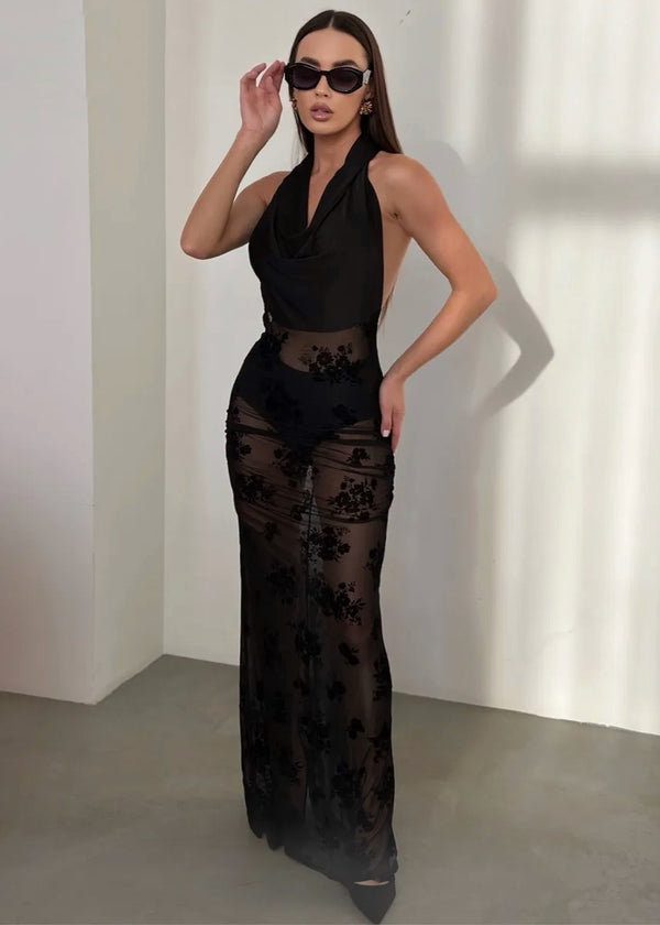 Cowl Neck Halter Backless Sheer Maxi Dress