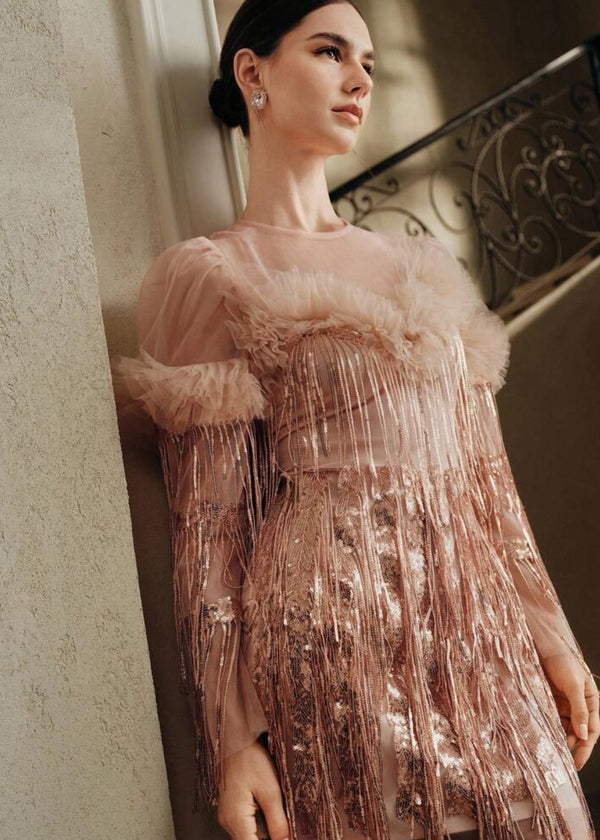 Sheer Ruffle Fringe Sequin Mini Dress