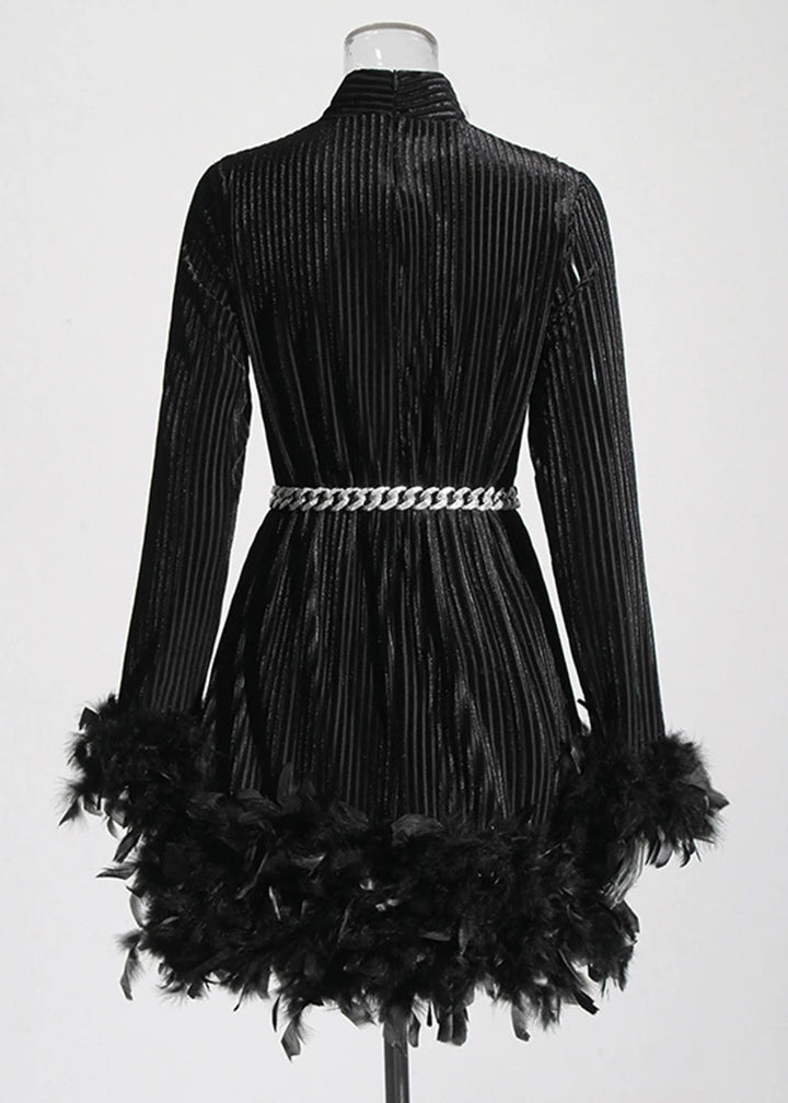 Feather Trim Mock Neck Velvet Dress