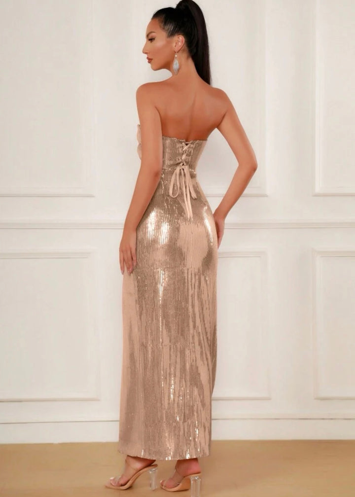 Strapless Slit Thigh Sequined Evening Gown