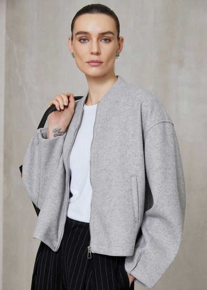 Felted Zip Front Cropped Bomber Jacket