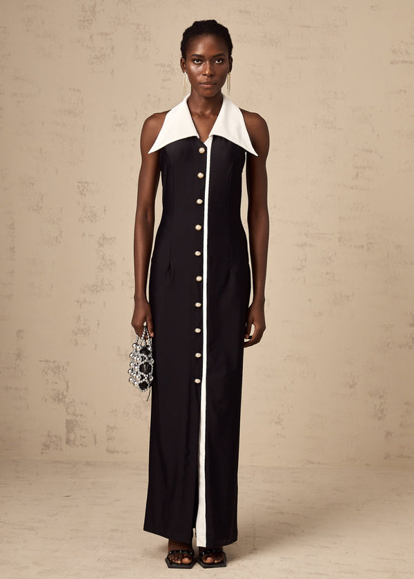 Contrast Collar Pearl Button Halter Dress