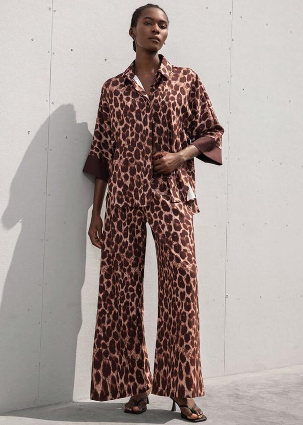 Leopard Print Shirt & Wide Leg Pants Set