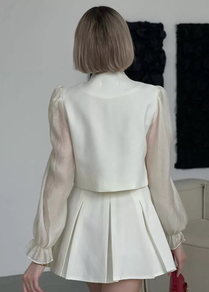 Bowknot Detail Puff Sleeve Blouse & Pleated Skirt Suit