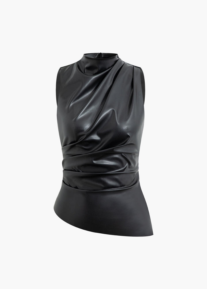 Asymmetrical Hem Eco-Leather Ruched Top