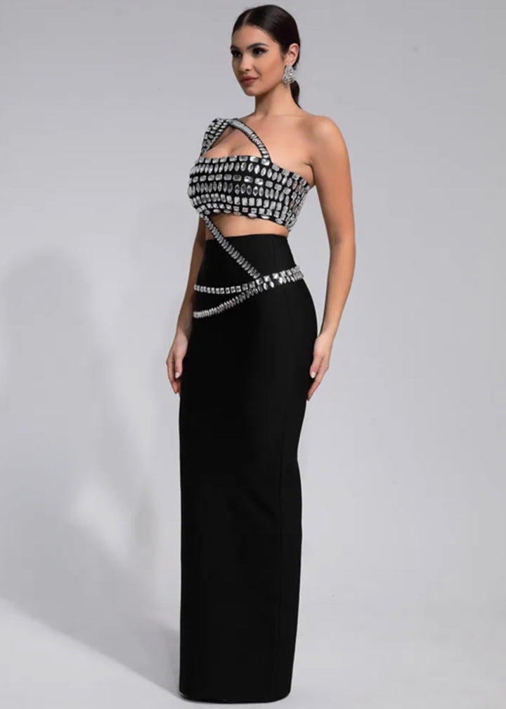 Rhinestone Draping Shoulder Two-Piece Dress