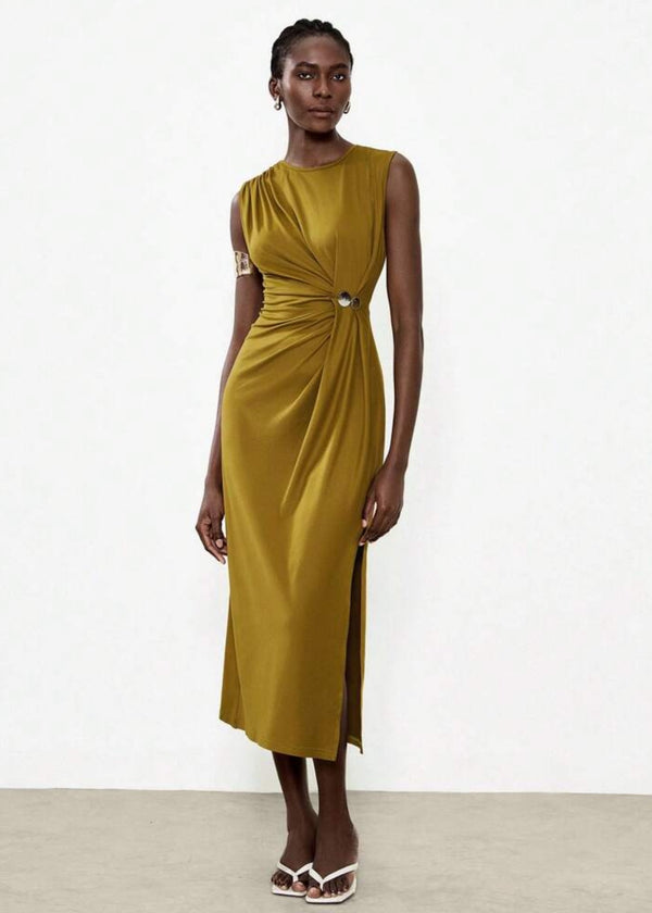 Sleeveless Side Ruched Slit Dress