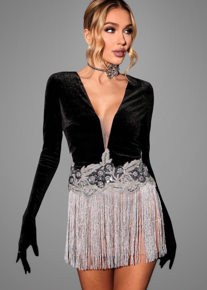 Luxury Long Sleeve Mesh Tassel Mini Velvet Dress