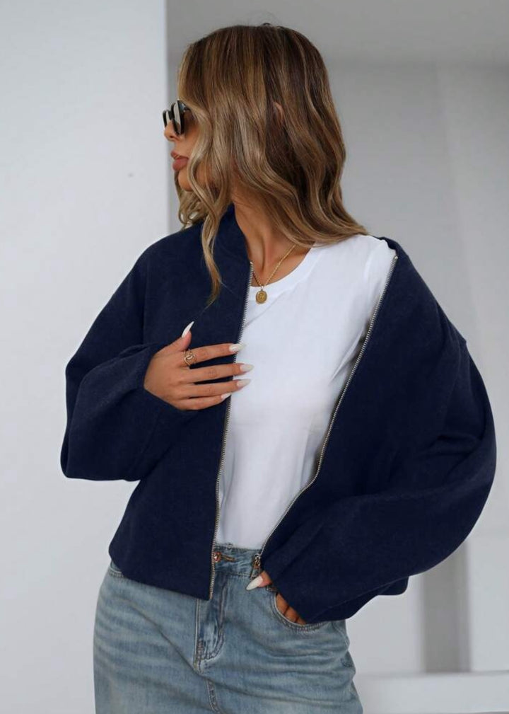 Felted Zip Front Cropped Bomber Jacket
