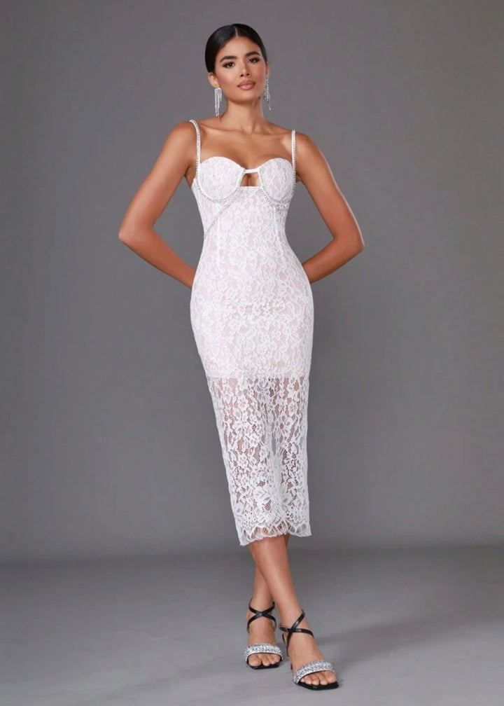 Crystal Embellished Corded Lace Midi Dress