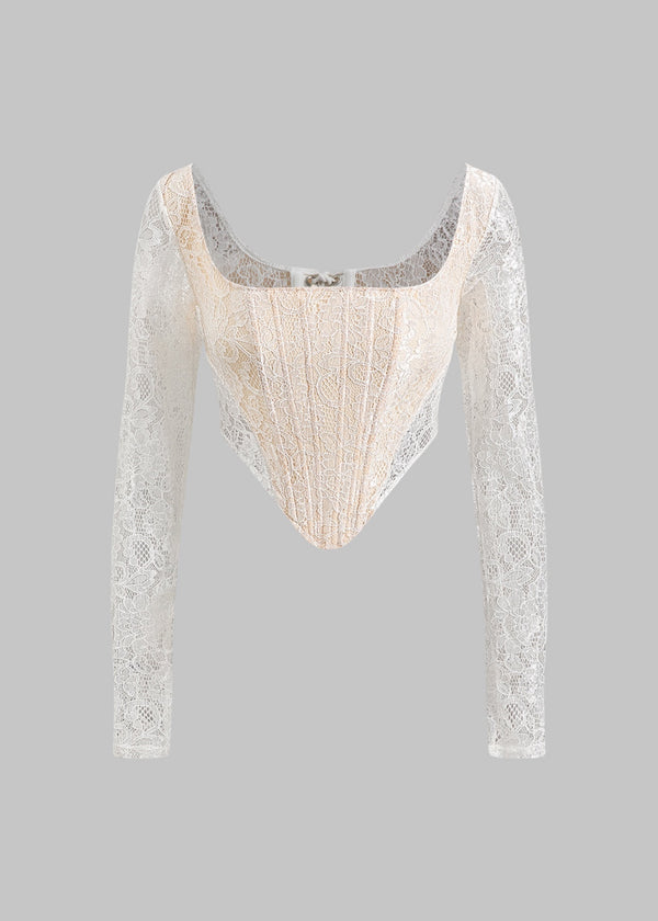 Long Sleeve Lace Tie-Back Sheer Corset Top