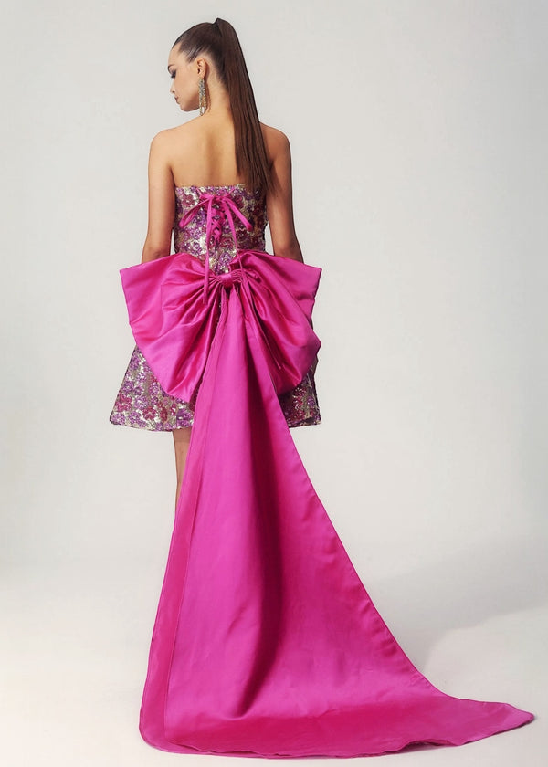 Strapless Sequin Mini Dress with Bow Train