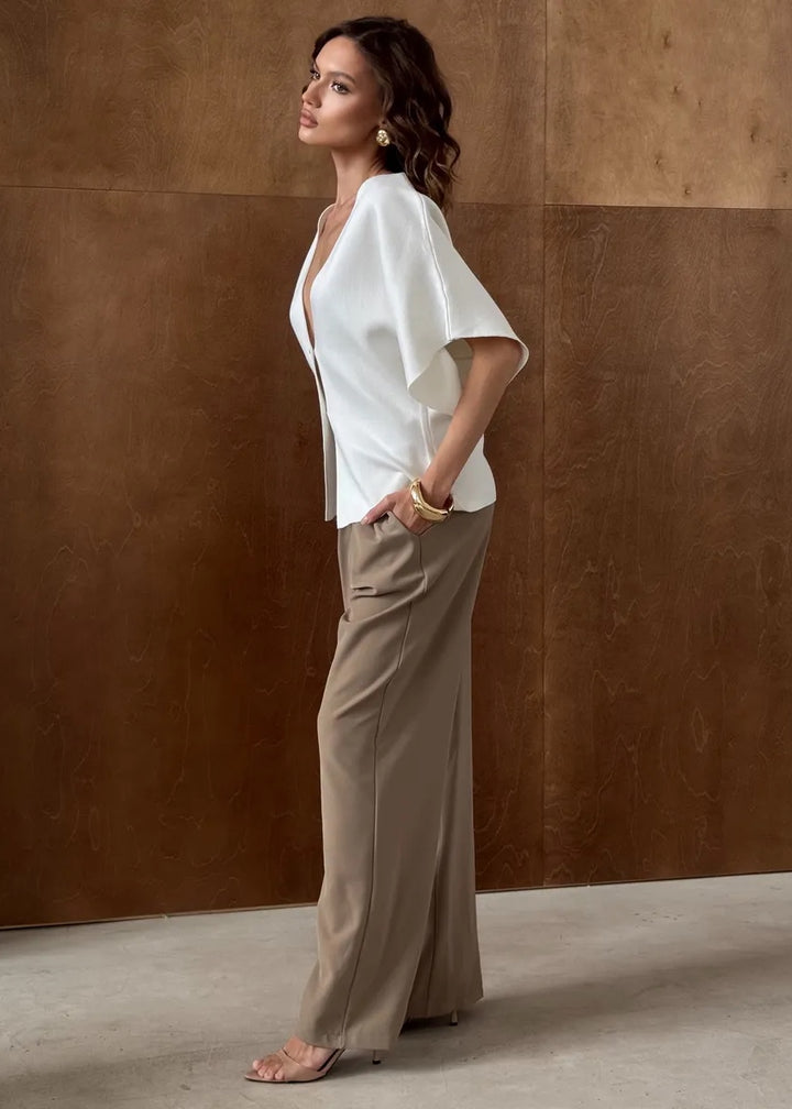 Button-Front V-Neck Loose-Fitting Top