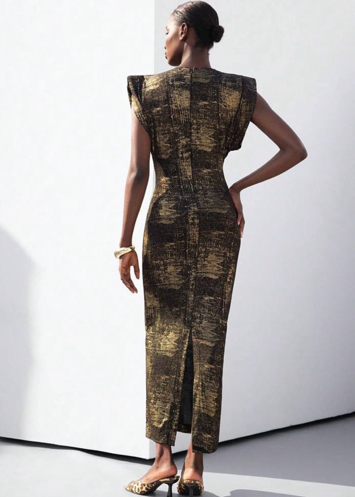 Seashell Button Maxi Shoulder Pad Dress