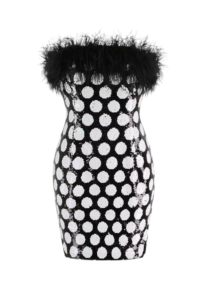 Capricia Polka Dot Fuzzy Trim Sequined Tube Dress