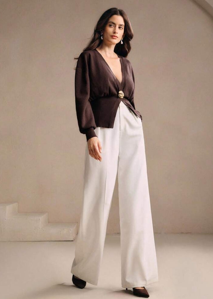 V-Neck Gold Button Rib Knit Cardigan