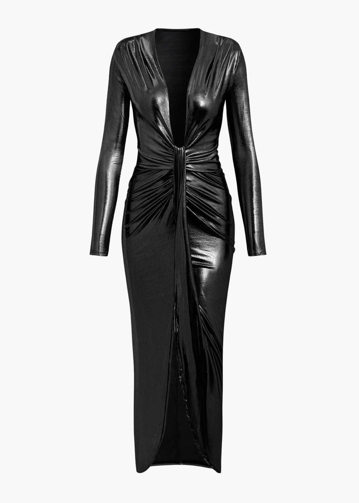 V-Neck Ruched Slit Wrap Metallic Dress