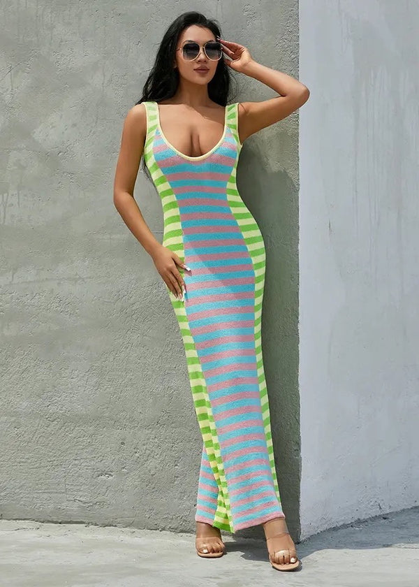 Contrast Striped Sleeveless Maxi Knitted Dress