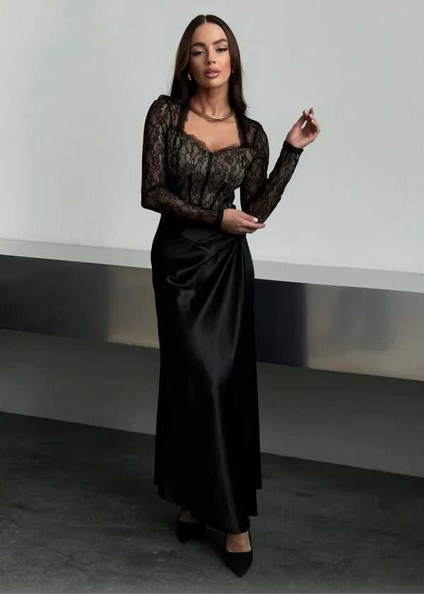 Floral Lace Satin Hem Long Sleeve Maxi Dress